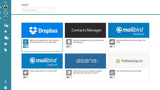 Mailbird apps-Dropbox, Evernote, Facebook, Contacts Manager, Asana, Google Drive, Calendar, Veeting and more.